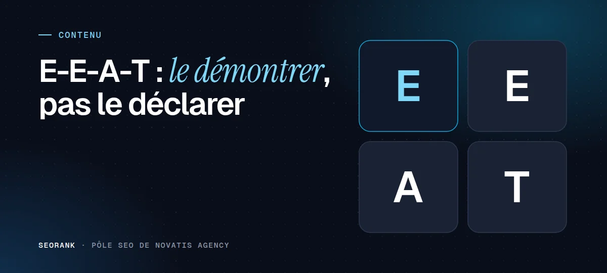 Illustration éditoriale SEORank : « E-E-A-T : le démontrer, pas le déclarer »