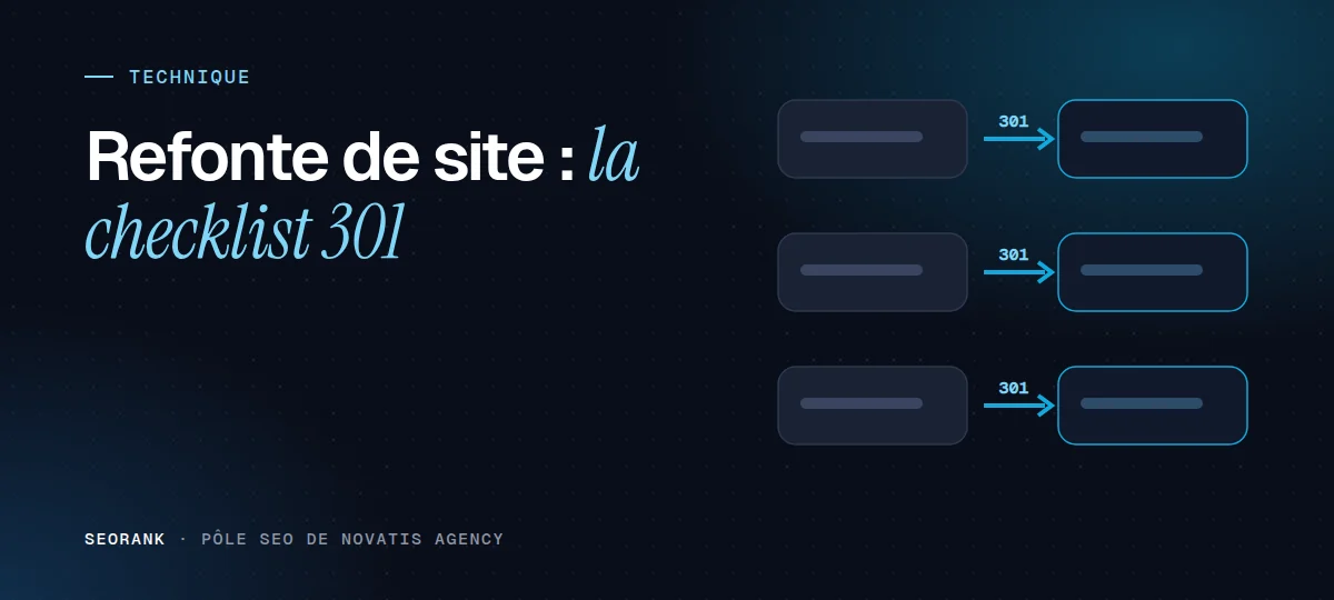 Illustration éditoriale SEORank : « Refonte de site : la checklist 301 »